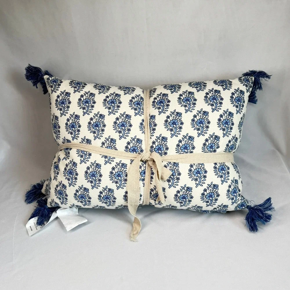 Poornima Handicraft Floral Block Print Lumbar Pillows Tassel Set of 2, 14x20